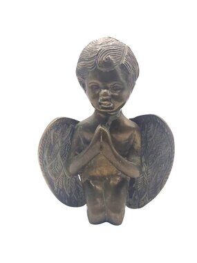 Brass Angel Cherub Figurine Praying Kneeling Painted Textured India Vintage READ